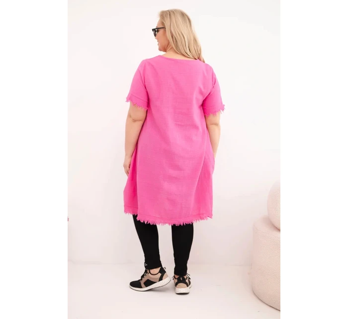 Dámské bavlněné šaty Plus Size s delším zadním dílem a kapsou růžová