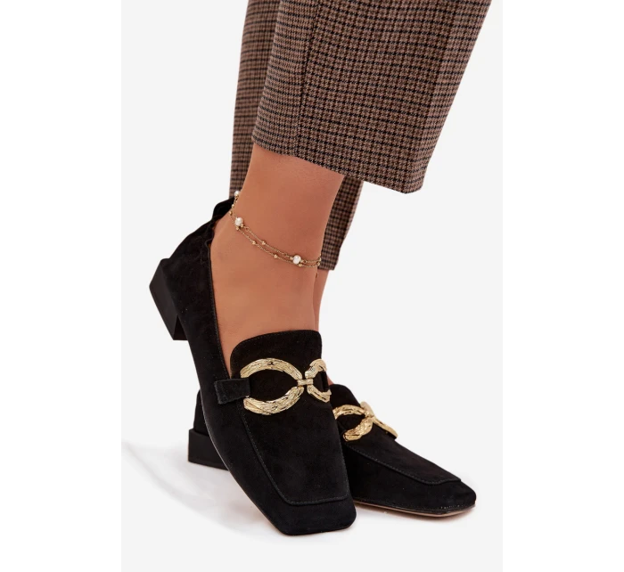 Dámské mokasíny z přírodního semiše zlatý detail D&A model 22031903 Černé - S.Barski