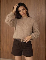 Dámský oversize svetr s copánkovým vzorem, tmavě béžový, FashionStreet MY2592 Dámský oversize svetr s copánkovým vzorem, tmavě béžový, FashionStreet MY2592