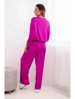 Dámská souprava viskózová mikina s přívěskem a široké kalhoty tmavě fialový
