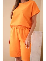 Dámský bavlněný komplet tričko s krátkým rukávem a kraťasy s gumou v pase oranžový