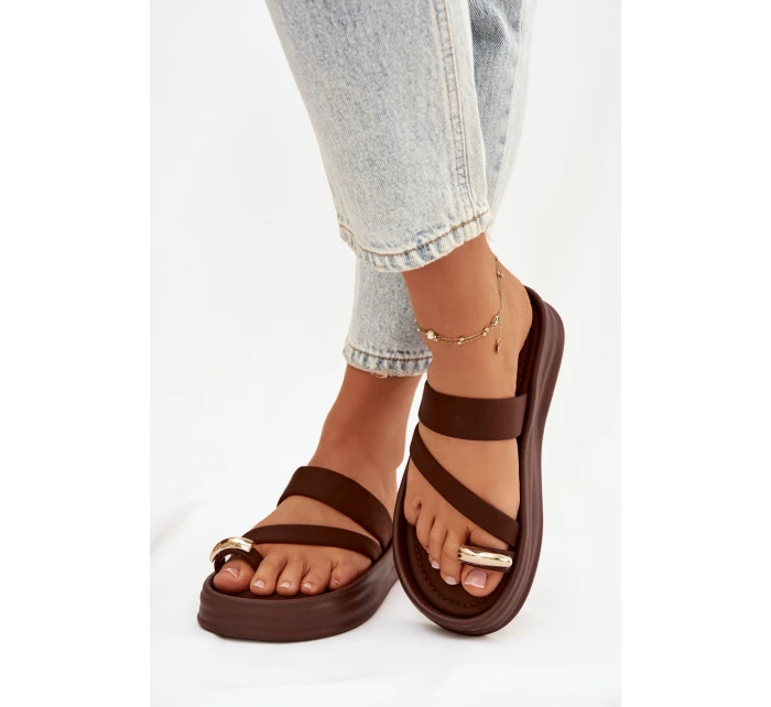 Dámské látkové pantofle s pásky a zlatým detailem čokoládové Farielle