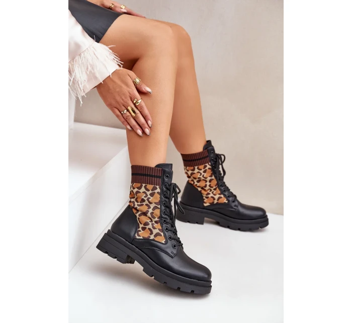 Dámské kotníkové boty Workery s ponožkou v leopardím vzoru černé Penthis