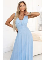 637-6 Wieczorowa długa sukienka z brokatowym akcentem i głębokim dekoltem - błękitna 637-6 Wieczorowa długa sukienka z brokatowym akcentem i głębokim dekoltem - błękitna