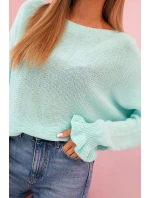 Svetr dámský z mohéru s nařasenými rukávy a výstřihem na zádech mátový Svetr dámský z mohéru s nařasenými rukávy a výstřihem na zádech mátový