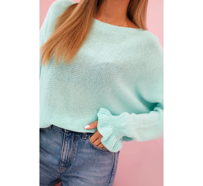 Svetr dámský z mohéru s nařasenými rukávy a výstřihem na zádech mátový Svetr dámský z mohéru s nařasenými rukávy a výstřihem na zádech mátový