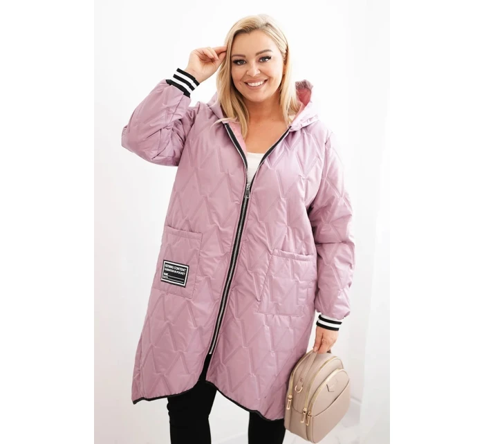 Dámská bunda Plus Size prošívaná s kapucí a model 21486145 manžetami tmavě růžová - K-Fashion