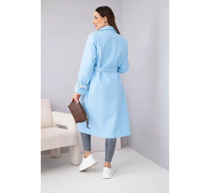 Dámský kabát s páskem a zlatými přezkami modrý