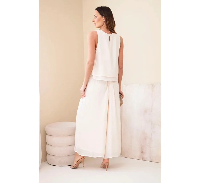 Dámský komplet s model 22048793 top bez rukávů a kalhoty se širokou nohavicí a ozdobným zakončením béžový - K-Fashion