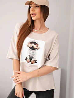 Dámská bavlněná oversize halenka s krátkým rukávem a model 22079387 potiskem béžová - K-Fashion