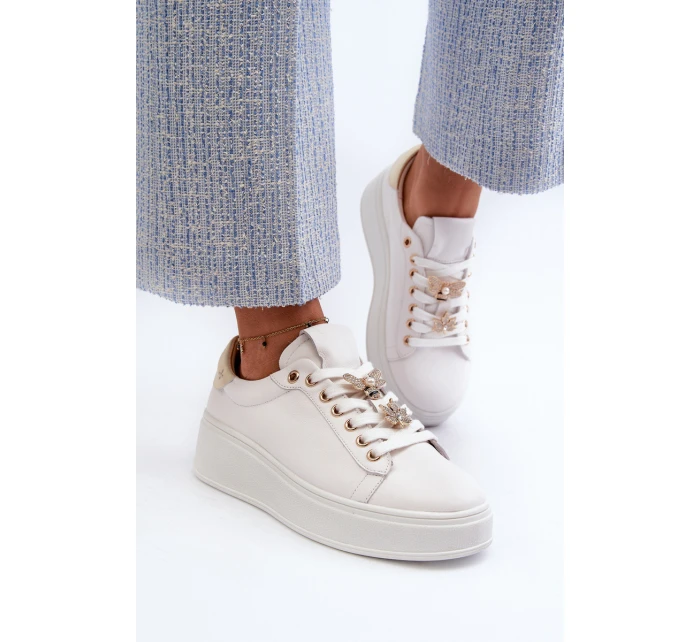 Dámské kožené tenisky na platformě s ozdobnými knoflíčky D&A SN67 Bílé