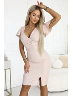 model 22112271 NINA elegantní šaty s obálkovým výstřihem, rukávy a páskem béžové se třpytkami - numoco
