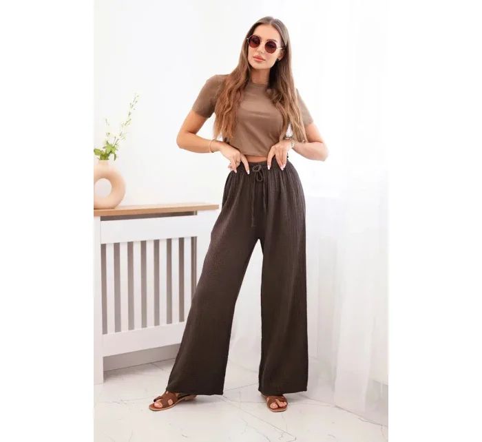 Mušelínové kalhoty se širokou nohavicí hnědý