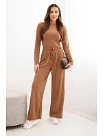 Dámský viskózový komplet s halenkou a širokými kalhotami camelový