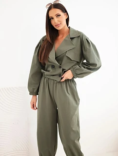 Dámský bavlněný komplet s límcem a jogger kalhotami khaki