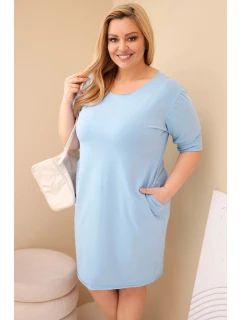 Dámská plus size šaty s bavlnou v jednoduchém střihu a 3/4 rukávem modrá