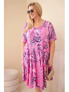 Dámské viskózové šaty ve velikosti Plus Size s krátkým rukávem a paisley vzorem tmavě růžová