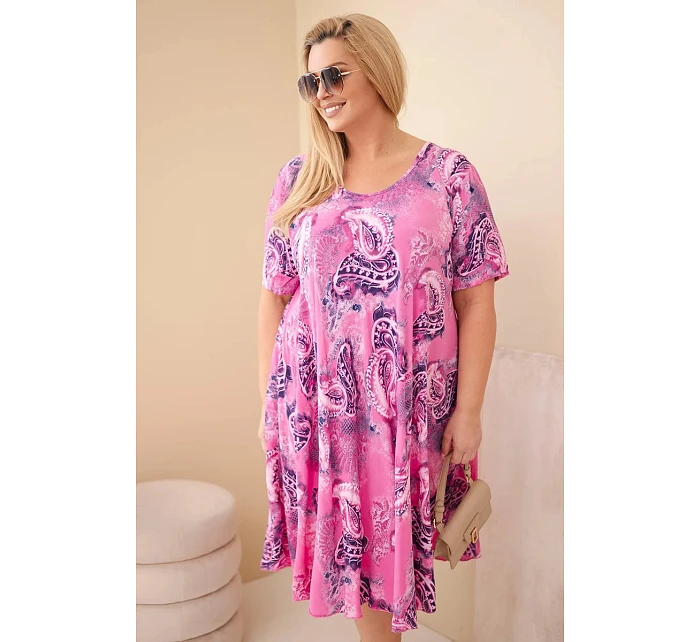 Dámské viskózové šaty ve velikosti Plus Size s krátkým rukávem a paisley vzorem tmavě růžová