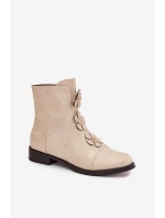 Zateplené dámské kotníkové boty na nízkém podpatku s ozdobnými květinami zlaté model 21711109 - Boto