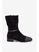Dámské boty na nízkém podpatku se zdobením a páskem D&A – černé