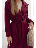 Dámský semišový plášť v pase vázaný s límcem a knoflíky bordový Dámský semišový plášť v pase vázaný s límcem a knoflíky bordový
