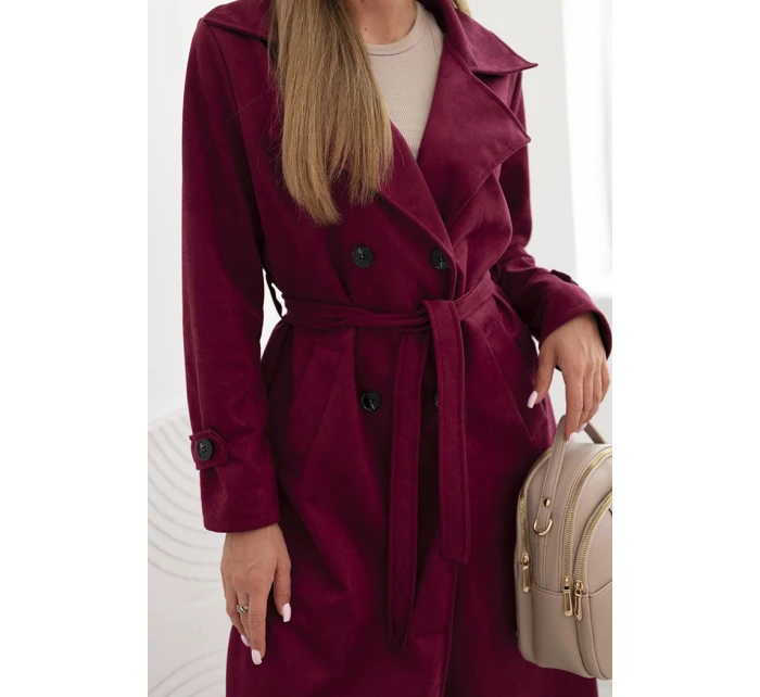 Dámský semišový plášť v pase vázaný s límcem a knoflíky bordový Dámský semišový plášť v pase vázaný s límcem a knoflíky bordový
