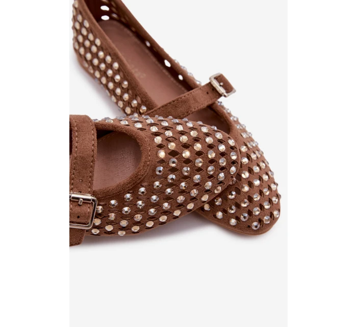 Dámské baleríny s otevřeným vzorem s kamínky a páskem Hnědé Wilvessa