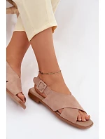 Kožené semišové dámské sandály na plochém podpatku D&A JC61-1001 Béžové