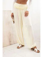 Dámské viskózové kalhoty s širokými nohavicemi a volánky žlutý