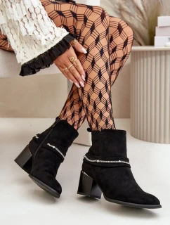 Zateplené Dámské Kotníkové Boty Na Podpatku S Řetízkem Eko Semišové Černé Hanalen