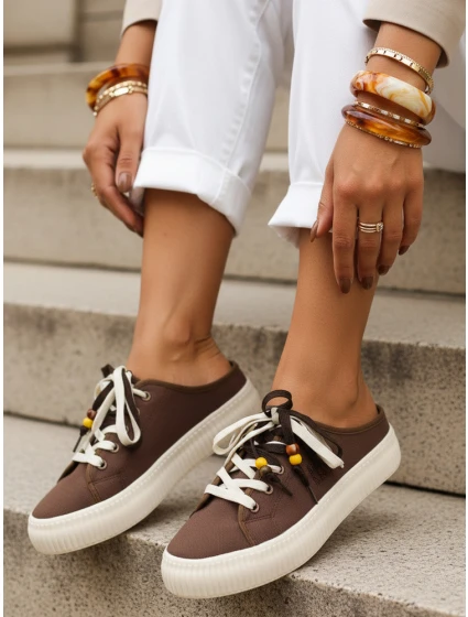 Dámské tenisky na platformě s ozdobnými korálky cappuccino ZY1409
