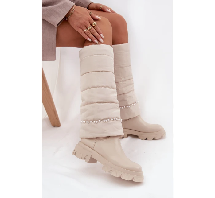 Dámské zimní kozačky s korálky světlá béžová model 21714762 - Boto