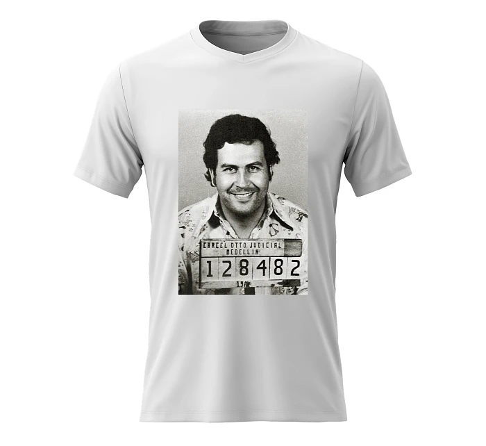 Pánské bavlněné tričko s potiskem - PABLO ESCOBAR - bílé Pánské bavlněné tričko s potiskem - PABLO ESCOBAR - bílé