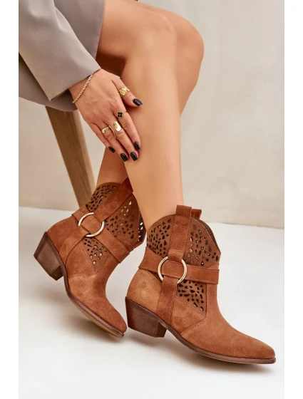 Zamszowe Botki Kowbojki Ażurowe Na Obcasie Zazoo 2994 Camel