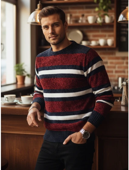 Pánský pruhovaný červený svetr FashionStreet WX2264