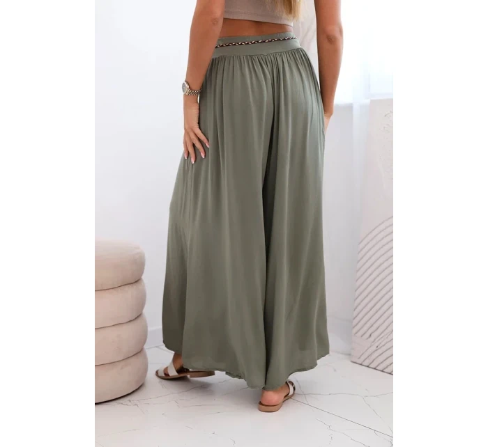 Dámské kalhoty z viskózy se širokými nohavicemi khaki