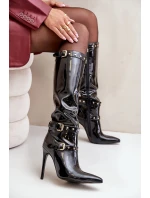 Lakované kozačky na jehlovém podpatku s přezkami černé model 21679210 - Boto