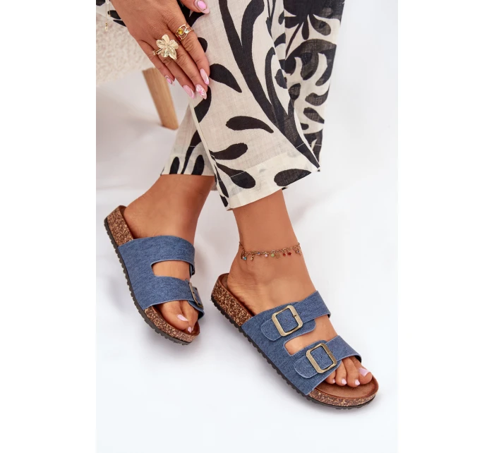 Dámské pantofle na korkové platformě s přezkami – tmavý denim