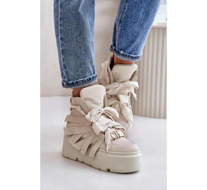 Kožené Dámské Tenisky Na Masivní Platformě Béžové CheBello 4561