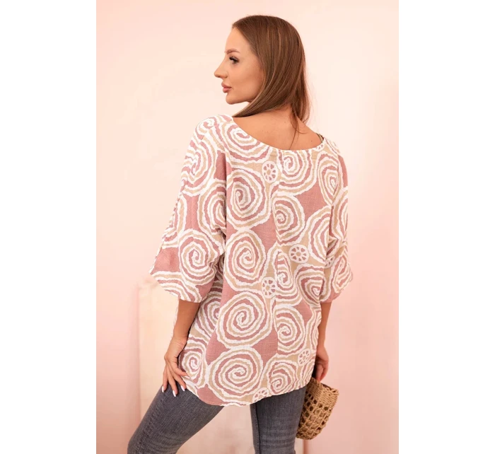 Dámská bavlněná blůza s model 21202195 vzory a ohrnutým rukávem tmavě růžová - K-Fashion