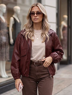 Dámská kožená bomberka na přechodné období, vínová, FashionStreet TY6069