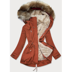 Rudo-světle béžová dámská zimní bunda s mechovitým kožíškem (W553)