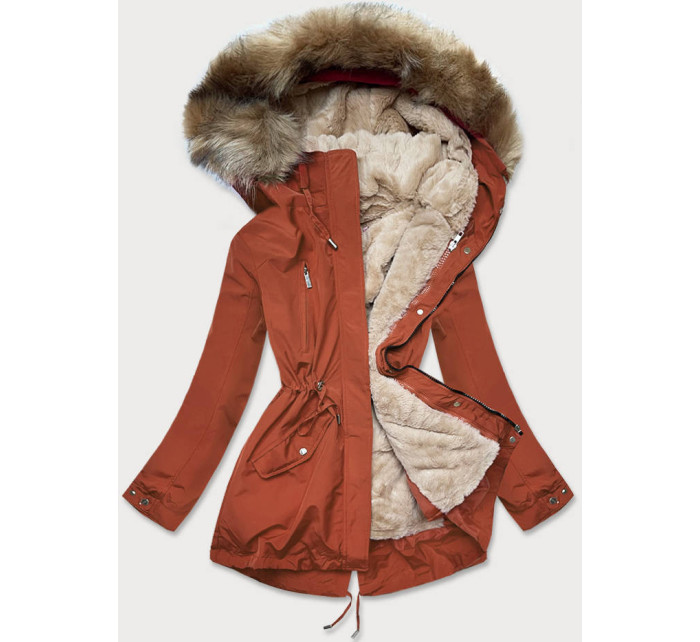 Rudo-světle béžová dámská zimní bunda s mechovitým kožíškem (W553)