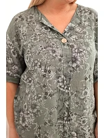 Dámská bavlněná halenka Plus Size s krátkým rukávem a ozdobným knoflíkem khaki