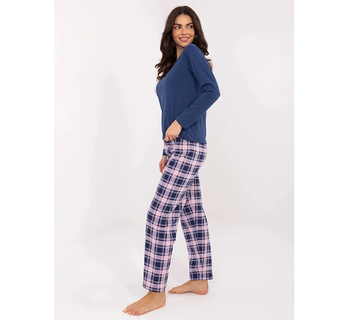 Bawełniana piżama damska ze spodniami w kratę Goodlookin granat/róż (004)