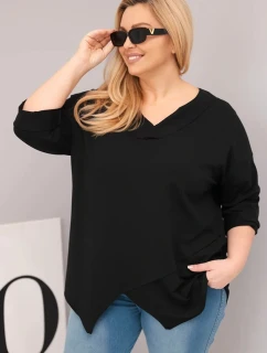 Dámská bavlněná blůza Plus Size s hlubokým výstřihem do V a asymetrickým spodním lemem černá