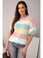 Dámský svetřík s krajkovým vzorem v barevných pruzích s krátkým rukávem tmavě pudrově růžový