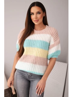 Dámský svetřík s krajkovým vzorem v barevných pruzích s krátkým rukávem tmavě pudrově růžový