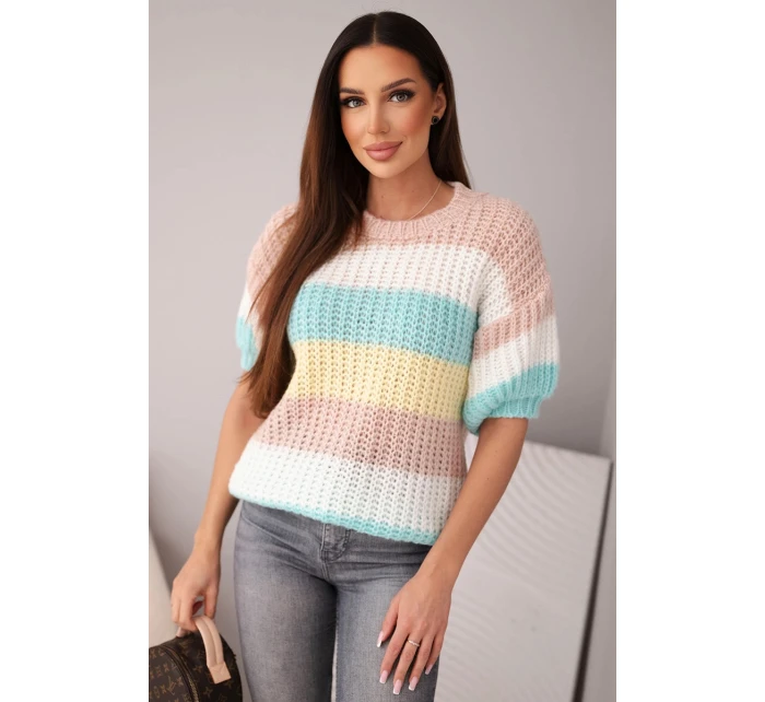 Dámský svetřík s krajkovým vzorem v barevných pruzích s krátkým rukávem tmavě pudrově růžový