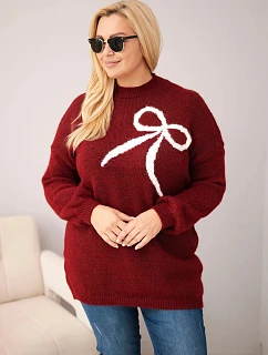 Dámský svetr Plus Size s přídavkem vlny s mašlí bordová